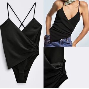 Zara black asymmetrical spaghetti strap V-neck bodysuit sweetheart neckline XS